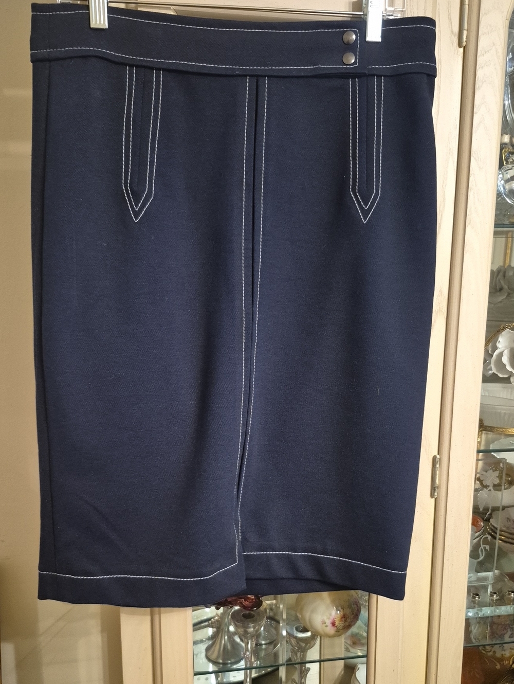 Banana Republic Navy Midi Pencil Skirt with White Topstitch